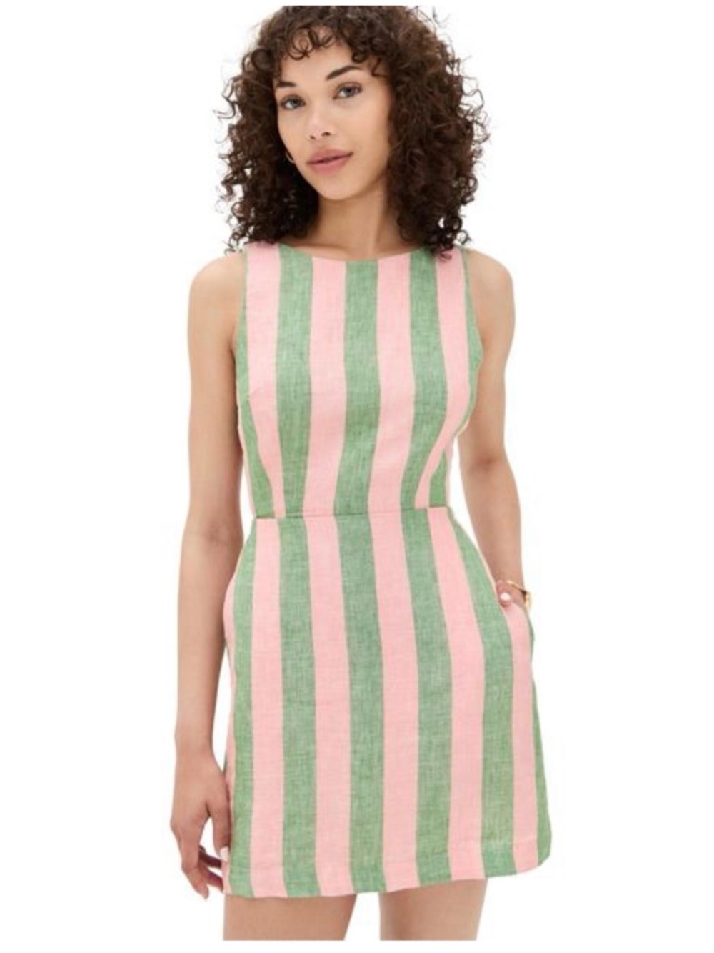 Pink & Green Striped Sleeveless Mini Dress